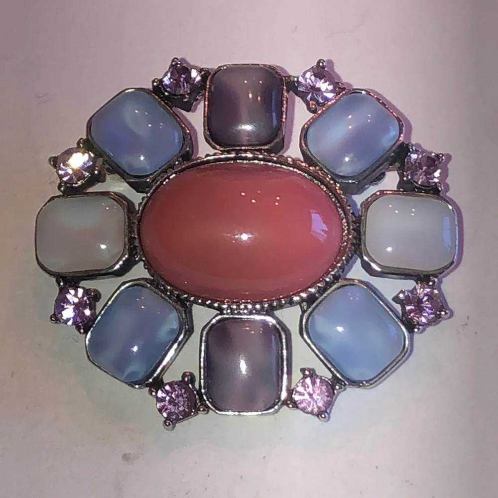 Liz Claiborne Silver Tone Colorful CZ Rhinestone Classic Oval Brooch Pin